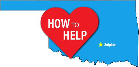 Oklahoma map heart that says how to help and a star designating the city of Sulfur.