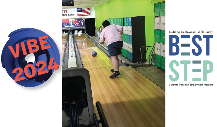 Youth bowling with logos from two summer camps.