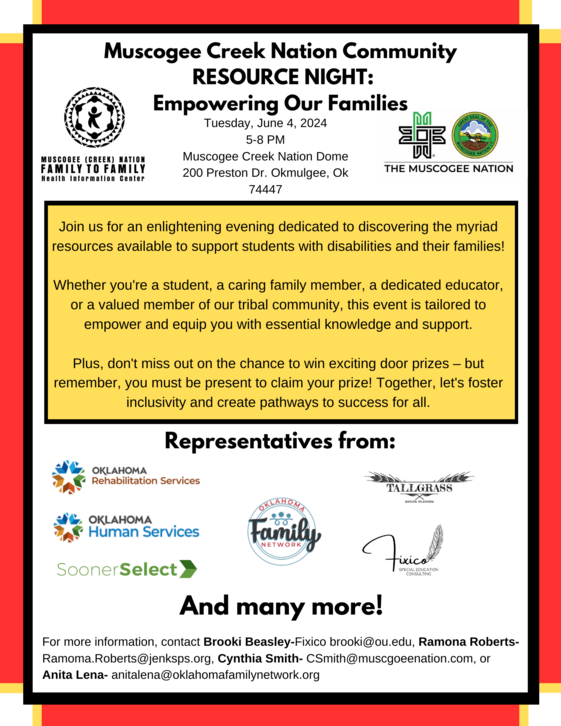 Flyer, Muscogee Creek Nation Community Resource Night: Empowering our Families, details in paragraphs below