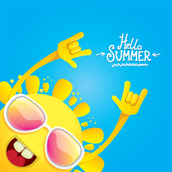 Cartoon Summer sun with sunglasses on and arms raised over head.
