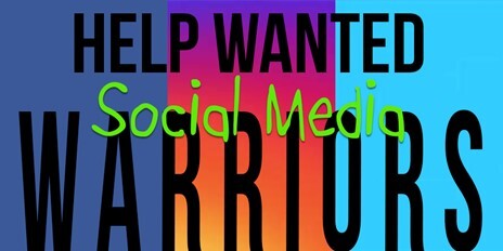 Multi-colored background with words Help wanted social media warriors,