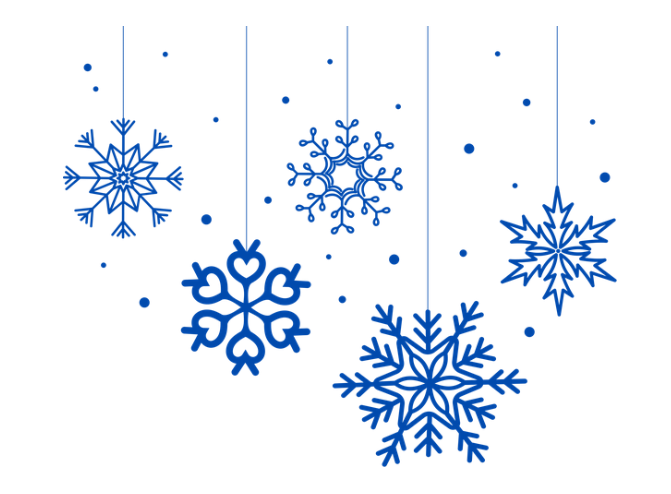 five blue snowflakes, each different size and design, hanging from a blue string, white background