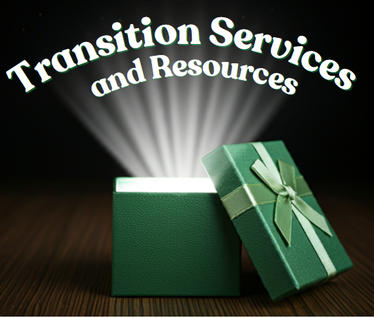 Green gift box with lid resting on side, light shining out of top on the words Transition Services and Resources