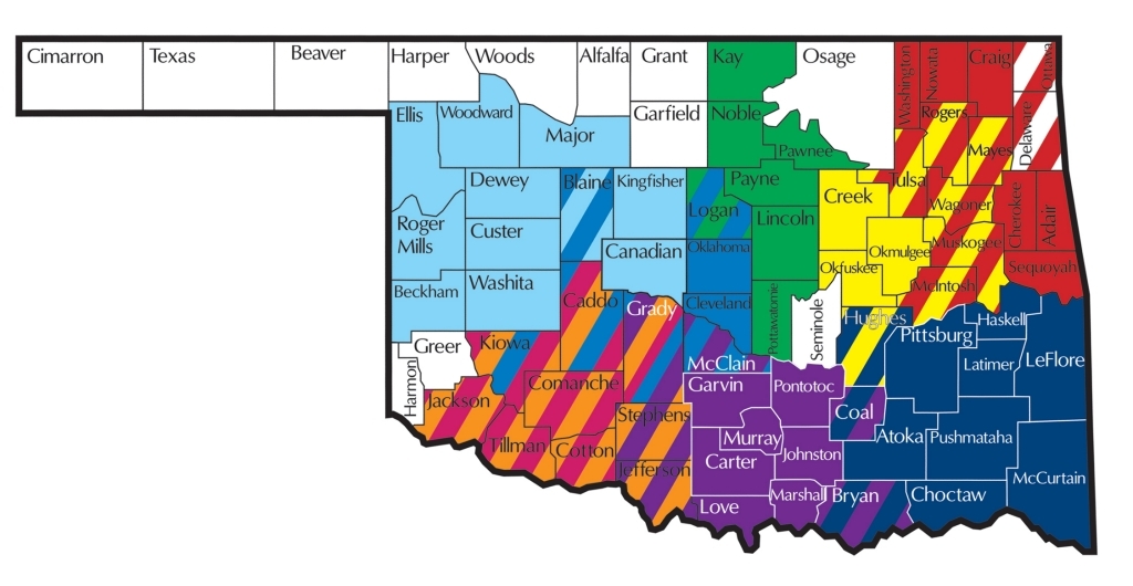 Map of Oklahoma with county lines, colors that indicate which tribe covers different counties