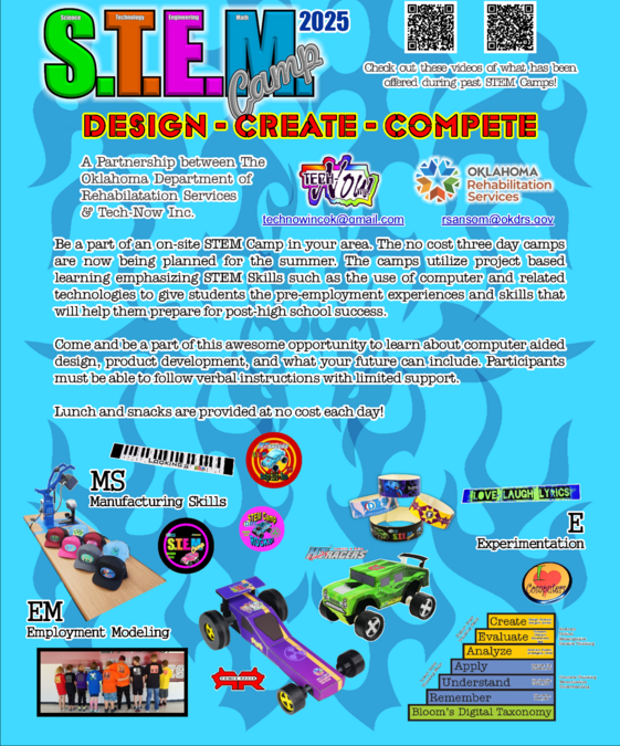 STEM Camp 2025 Flyer, Design, Create, Compete, details in paragraph below