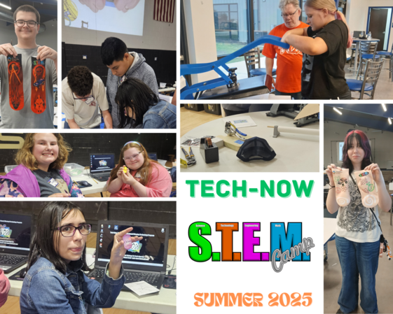 Tech-Now STEM Camp Summer 2025, Photos of STEM Camp students making shirts, holding socks and working together