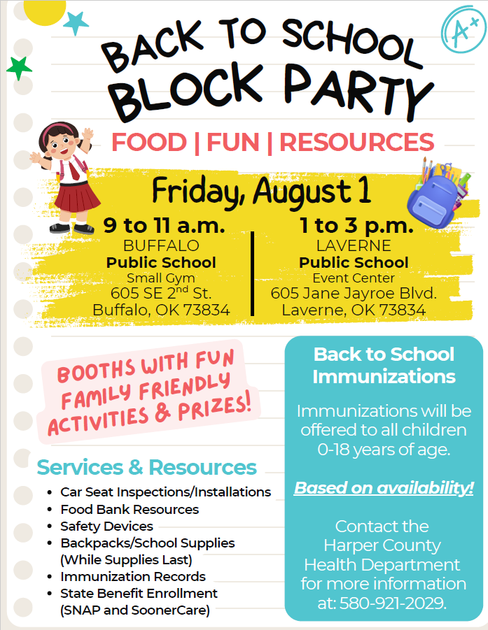 flyer, Harper County Back to School Block Party, details in paragraph below