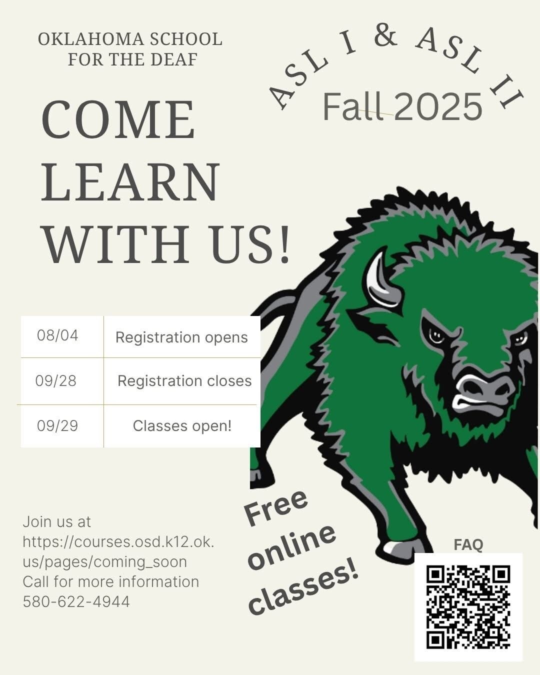 flyer ASL courses through Oklahoma School for the Deaf, details in paragraph below