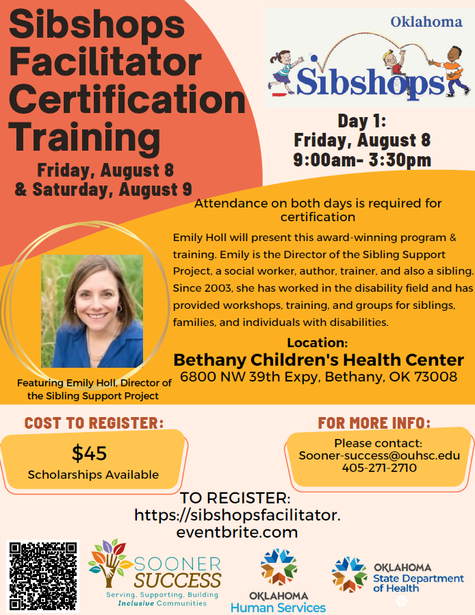 flyer, SibShops Facilitator Certification Training, details in paragraph below