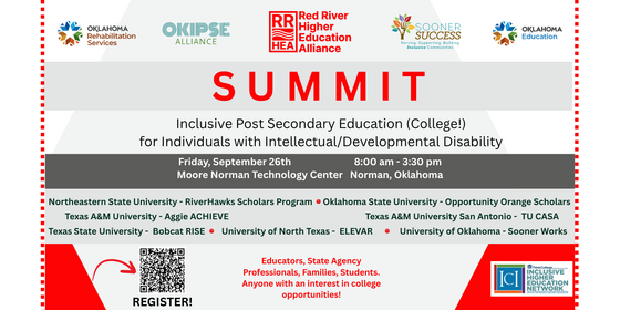 flyer, Summit - Inclusive Post Secondary Education for Individuals with Intellectual/Developmental Disability, details in section below
