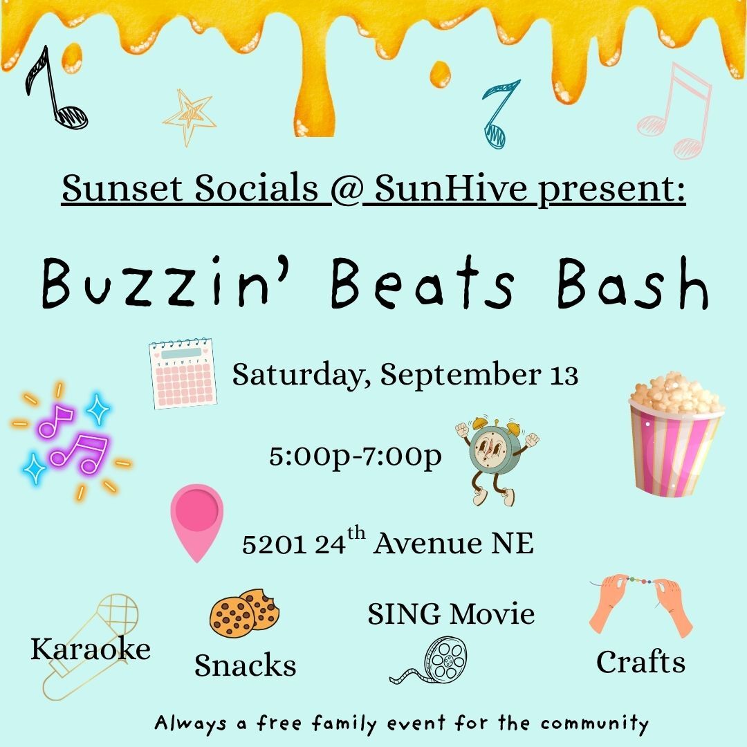 flyer, SunHive Collective Buzzin' Beats Bash, details in paragraph below