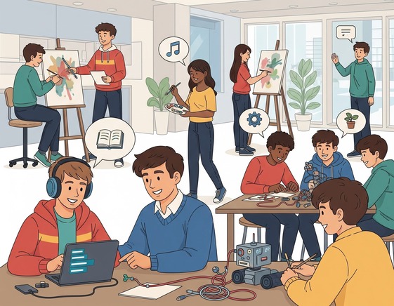 image, a group of students working on projects in a classroom