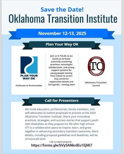 image, Oklahoma Transition Institute presenter save the date, details in paragraph below