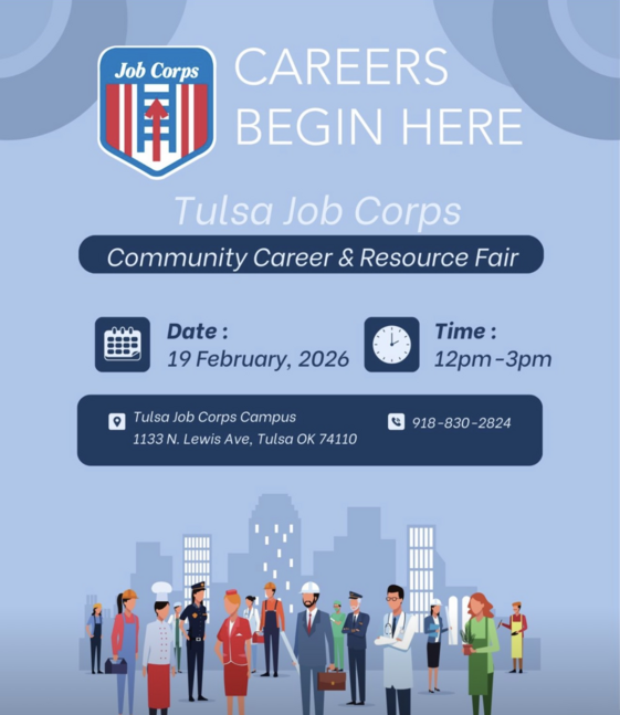 flyer, Tulsa Job Corps Community Career and Resource Fair, details in paragraph below