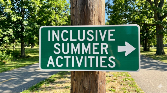 Green street sign that reads, "inclusive summer activities" and has an arrow pointing to the right