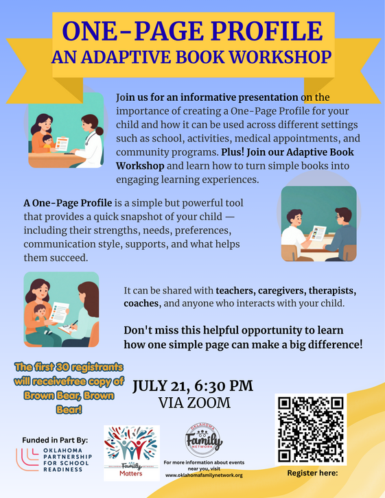 flyer, One-Page Profile: An Adaptive Book Workshop, details in paragraph below