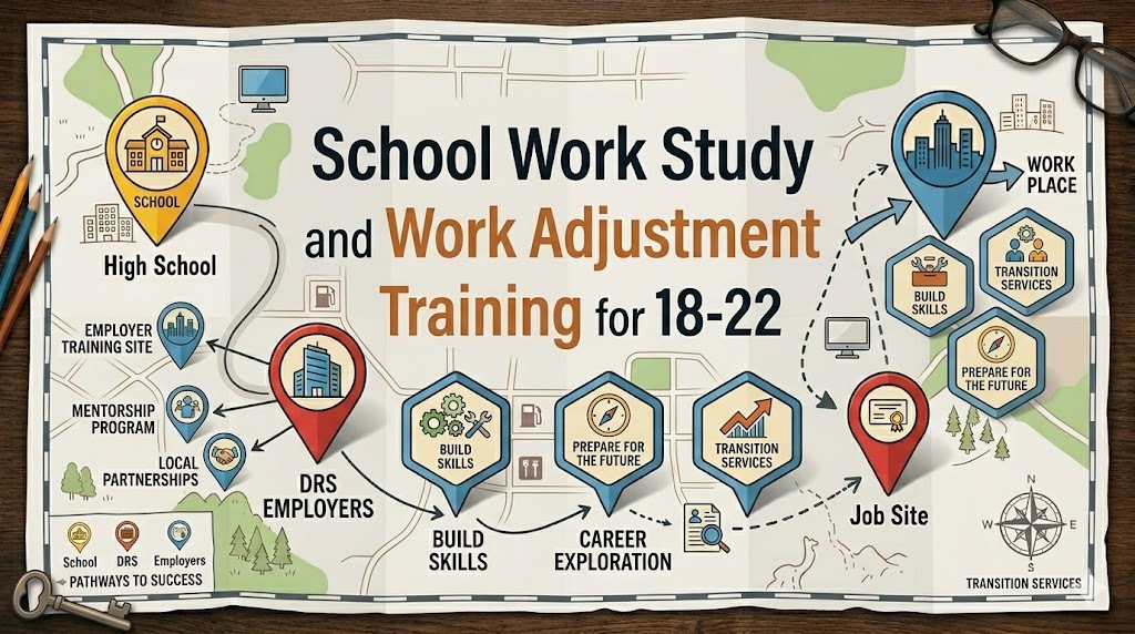 graphic  like a roadmap, School Work Study and Work Adjustment Training for 18-22