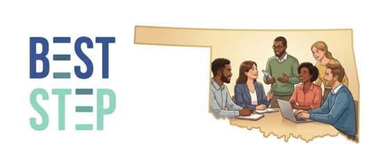 logo, BEST STEP program and an image of Oklahoma with a group of people talking inside of it 