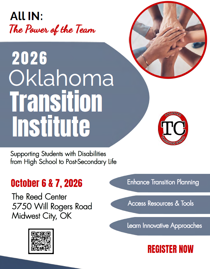 flyer, 2026 Oklahoma Transition Institute (OTI), details in paragraph below