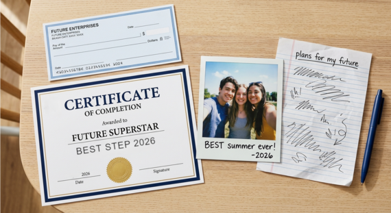 items on a table including a certificate of completion, photo, and piece of paper with plans written on it