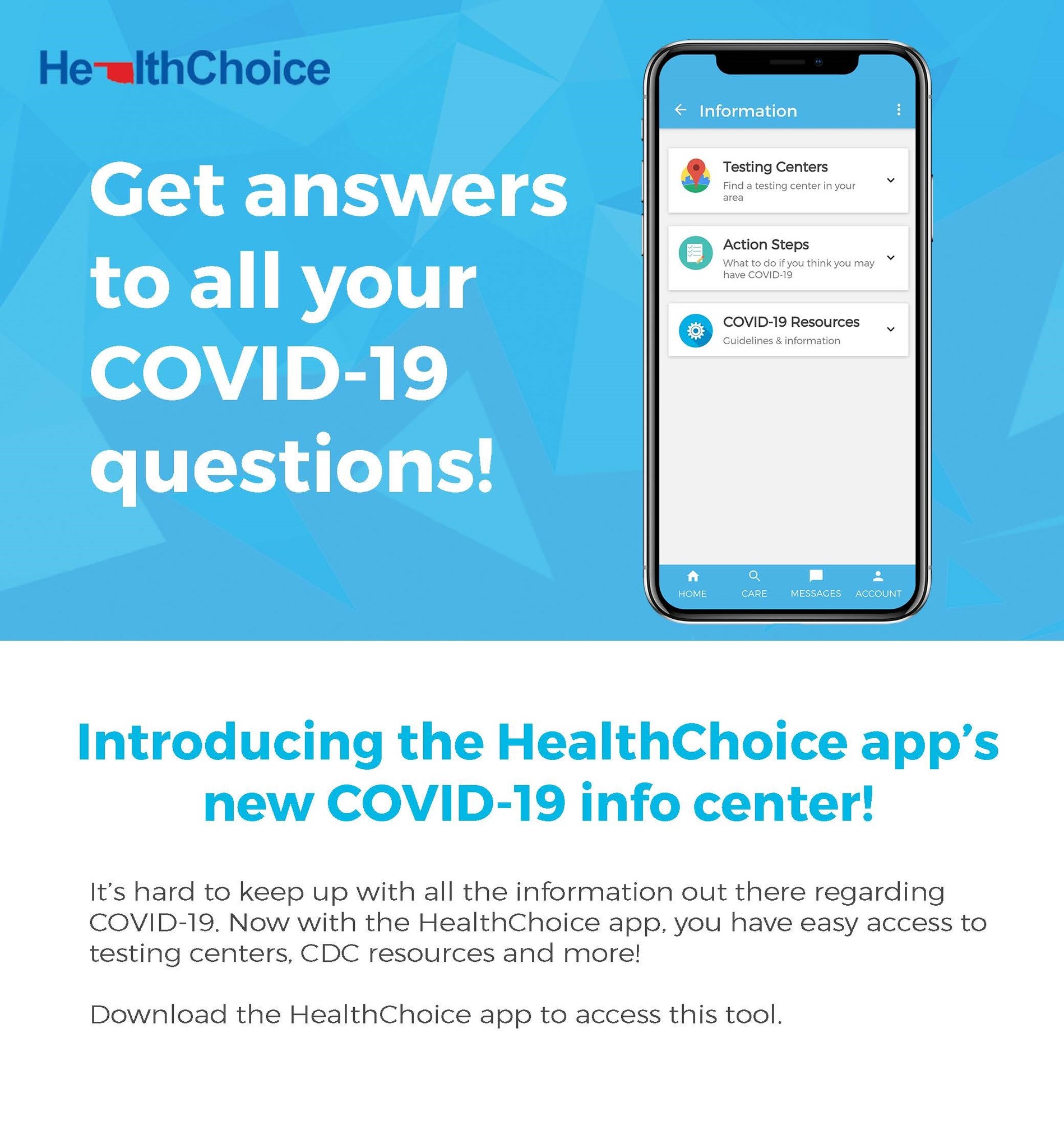 Get easy access to COVID19 info with the HealthChoice app!