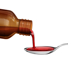 Illustration of bottle pouring cough syrup in spoon
