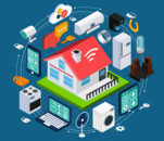 Graphic depicting the Internet of Things: a house surrounded by all of the internet-connected devices