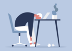 Graphic of person hunched over with head on work desk