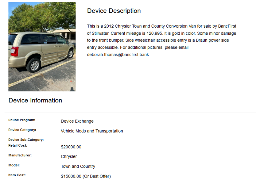 Screenshot of a Device Exchange listing for a 2012 Chrysler Town and Country Conversion Van for sale.