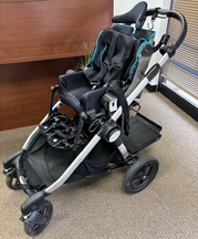 A black and grey pediatric stroller with foot rests, a supportive seat, under-seat storage, and various other features.