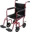 A red and black manual transport wheelchair.