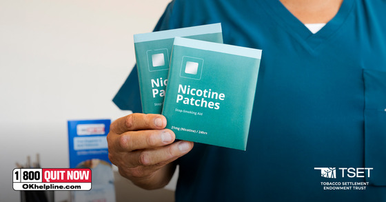 TSET graphic depicting a medical professional holding up two packages of nicotine patches