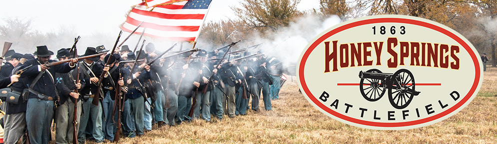 Honey Springs Battlefield Union reenactors and logo