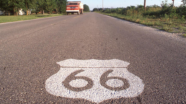 Route 66 emblem painted on roadway
