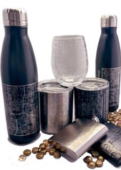 Mapware bottles, wine glasses and insulated drink ware with OKC maps