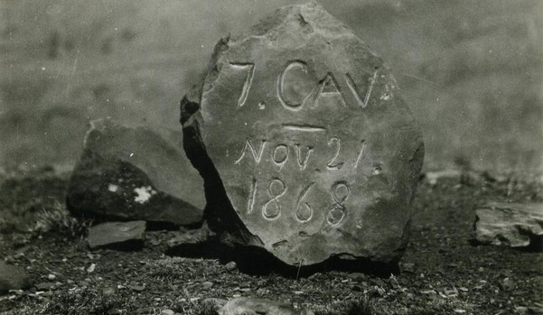 Photograph of an unfinished stone engraving that reads "7 Cav. Nov. 2-, 1868." 
