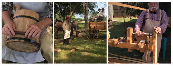 Photograph collage of a man making a wooden bucket, reenactors riding in a wagon