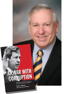 Bill Price portrait and a copy of the book "At War with Corruption" which is his professional bio