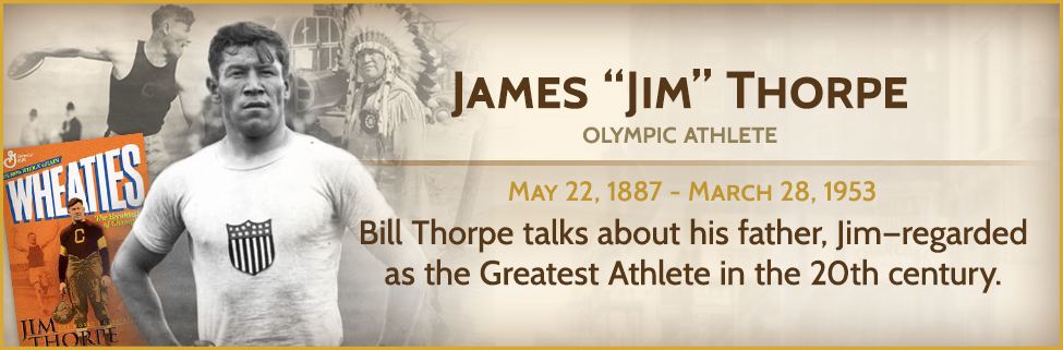 Voices of Oklahoma Jim Thorpe banner with a collage of the famous athlete's photos