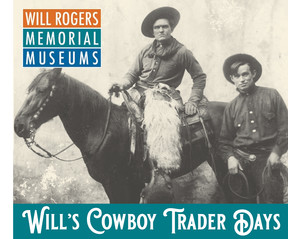 Will Rogers stands beside a horse with rider, caption "Will's Cowboy Trader Days"