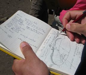 An archaeologist drawing features in a notebook