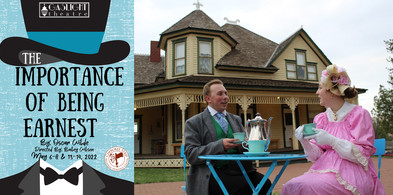 The Importance of Being Earnest poster and image of couple sipping tea near a Victorian home