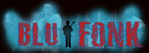 Band logo Blu Fonk with band members playing instruments, logo is neon style