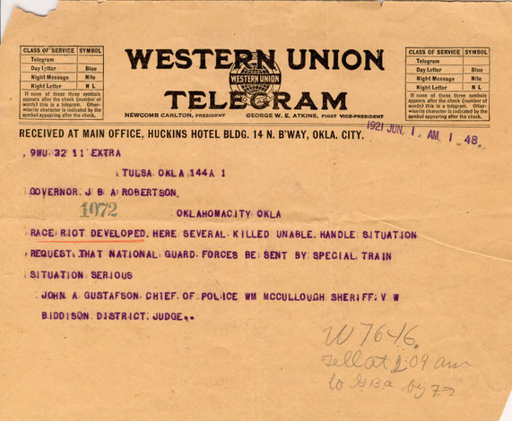 Western Union Telegram sent to governor James B. A. Robertson on June 1, 1921