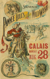 Pawnee Bill Wild West Poster from the 1900s, Bill and May Lillie are pictured, and a cowboy on horseback