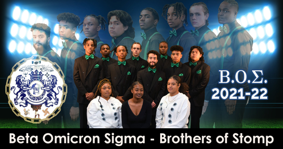 Beta Omicron Sigma, Brothers of Stomp, High School Dance group in tuxedos with their Beta Omicron Sigma logo to the side
