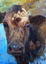 Dallas Mayer painting of a cow with loose brush strokes and a blue background