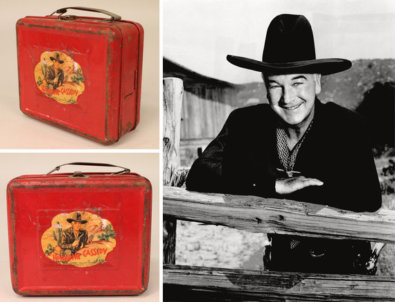 photographs of a metal lunchbox with a Hopalong Cassidy decal, and a photograph of the actor William Boyd who played Hopalong Cassidy 