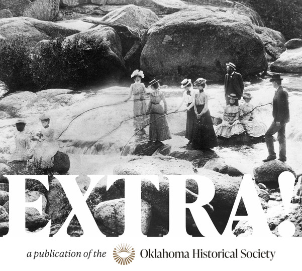 Masthead for EXTRA!, with large white lettering and a photo of women in long dresses, and men in suits fishing with long branches at Tishomingo. 1900s