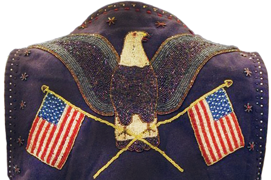 Photo of an artifact from OHS: dark blue wool vest with fine bead work in the shape of an eagle holding flags in its talons
